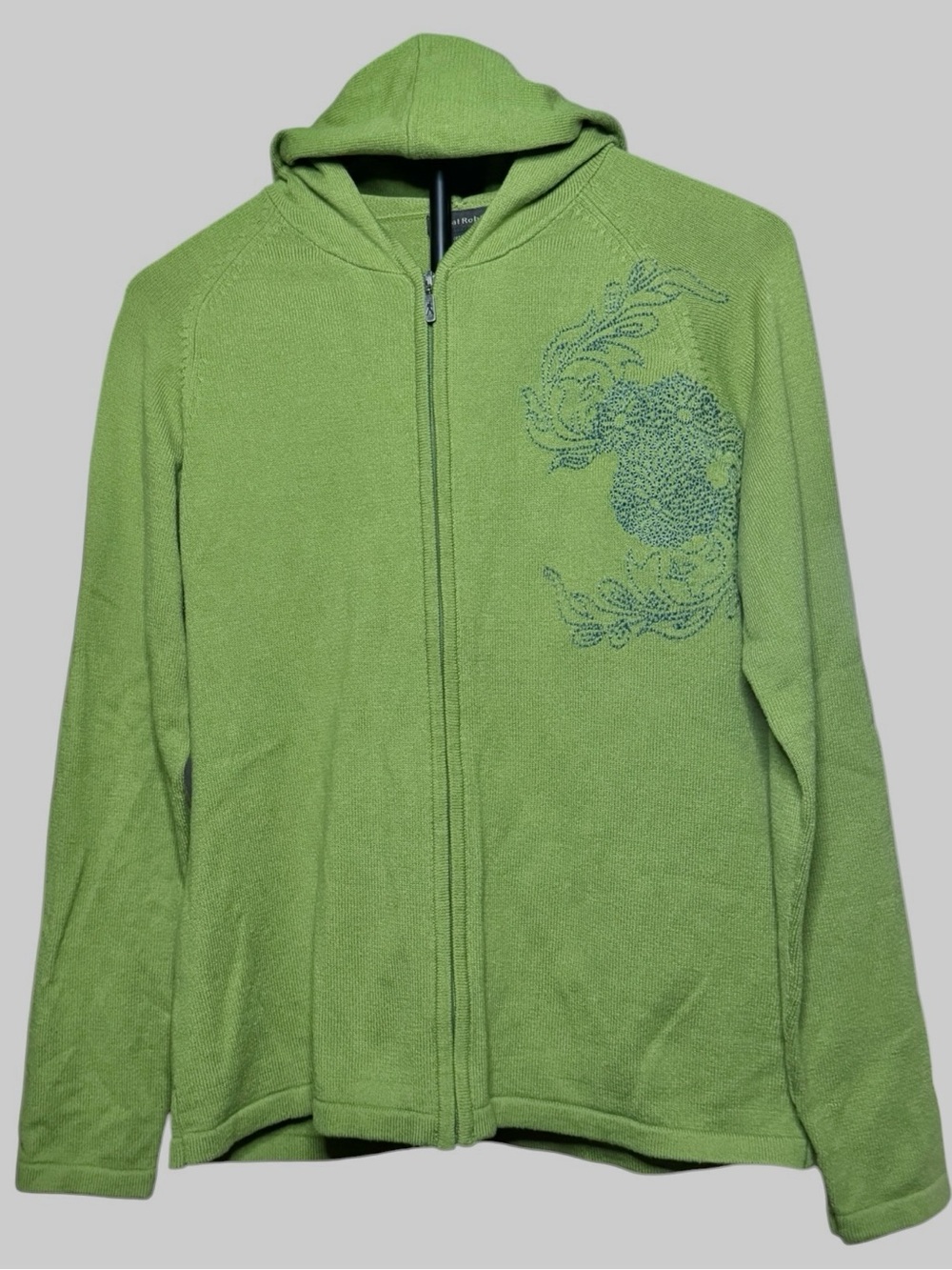 Royal Robbins Olive Green Hooded Zip Sweater with Floral Embroidery